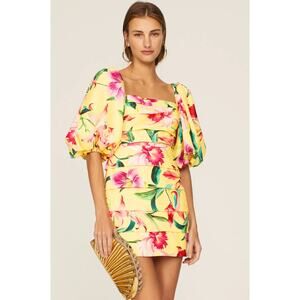 B1 PatBO Laelia Mini Dress Yellow Floral 12 Puff Sleeve Tiered Summer Garden